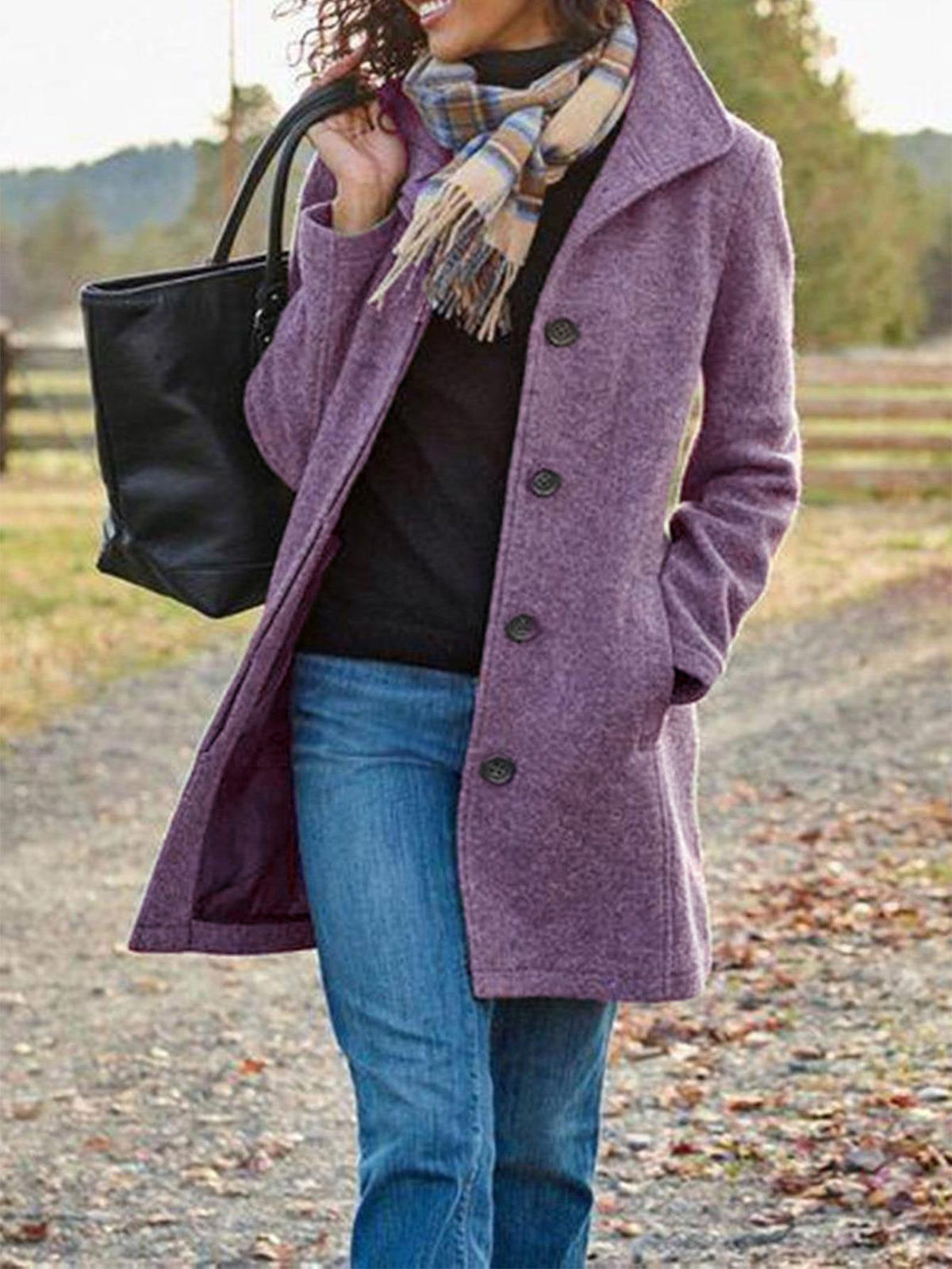 Mid-Length Single-Breasted Coat with Lapels and Side Pockets