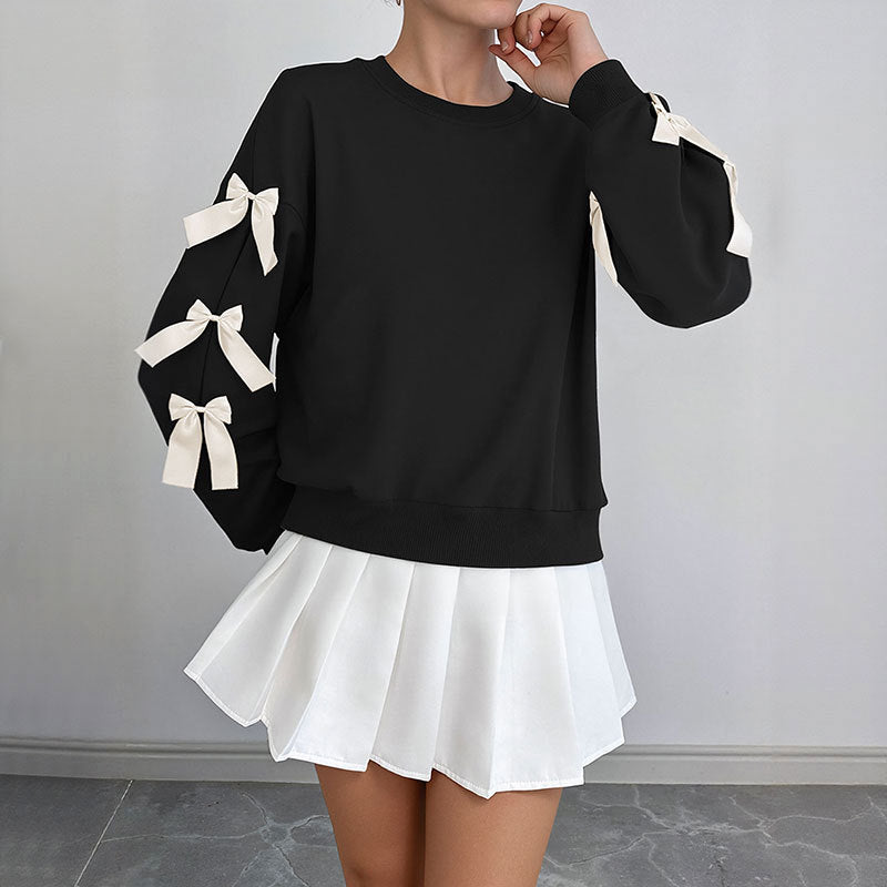 Bow Sleeve Sweatshirt with Satin Ribbon Bows, Women's Crew Neck