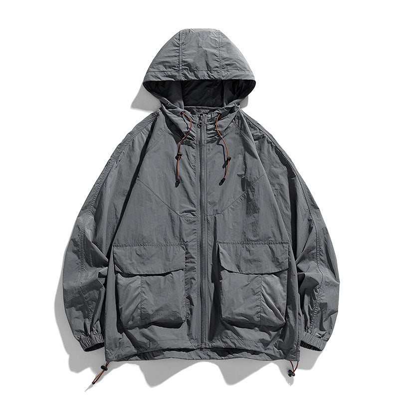 Lightweight Hooded Nylon Jacket with Flap Pockets, Oversized Fit