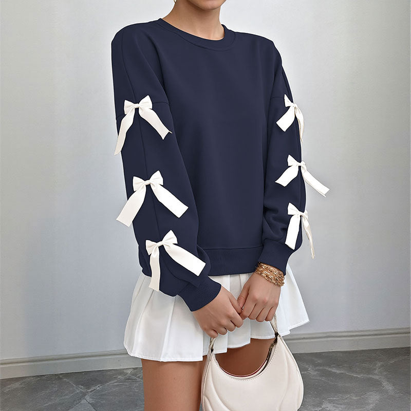 Bow Sleeve Sweatshirt with Satin Ribbon Bows, Women's Crew Neck