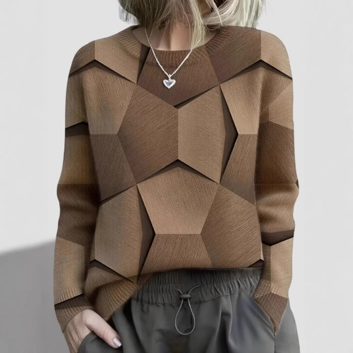 Geometric Pattern Sweater with 3D Facet Effect, Women's Jumper