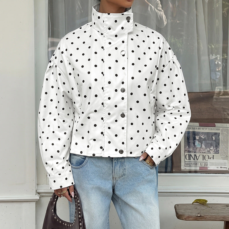 White Polka Dot Jacket with Zip Front and Snap Placket, Cropped