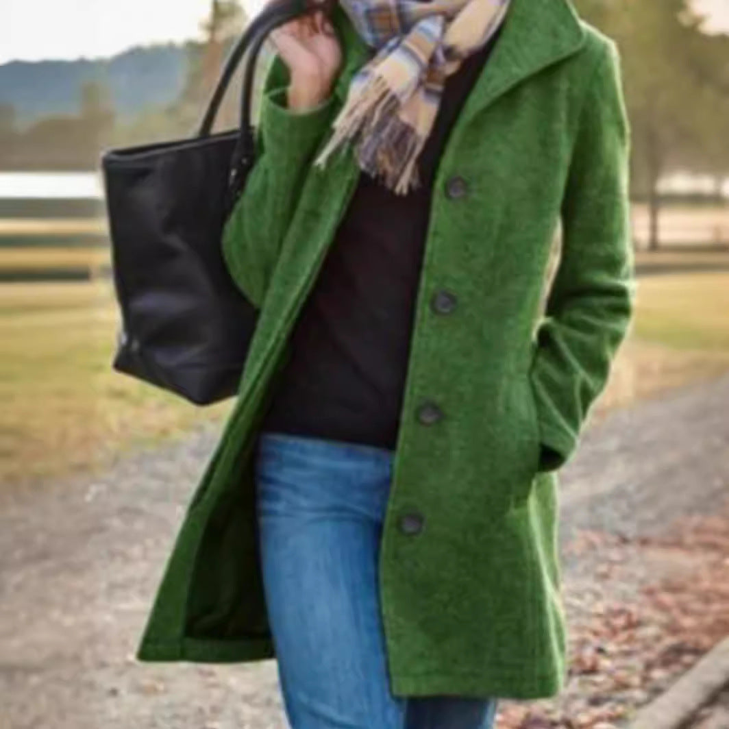 Mid-Length Single-Breasted Coat with Lapels and Side Pockets