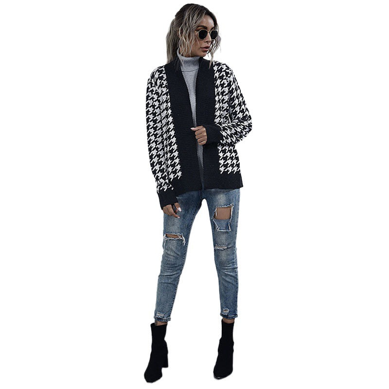 Houndstooth Knit Cardigan with Tie Belt, Open Front, Black and White