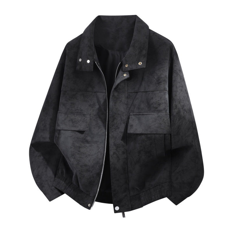 Oversized Suede-Look Jacket with Flap Pockets and Snap Collar