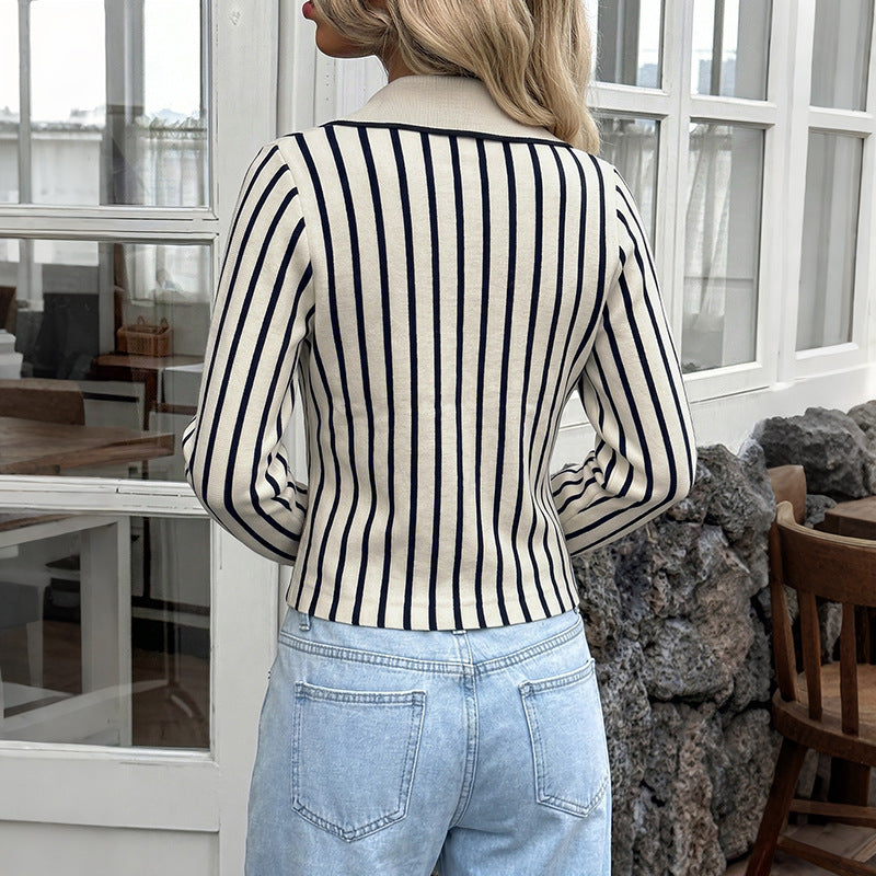 Striped Knit Cardigan with Shirt Collar and Buttons, Slim Cropped Fit