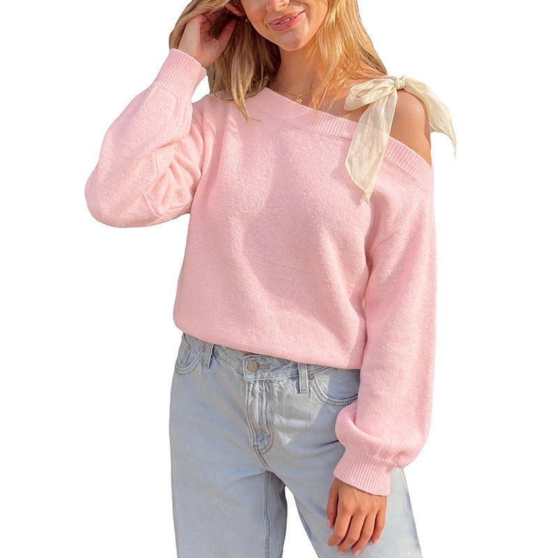 Pink Off-Shoulder Bow Sweater with Balloon Sleeves, Women's Jumper
