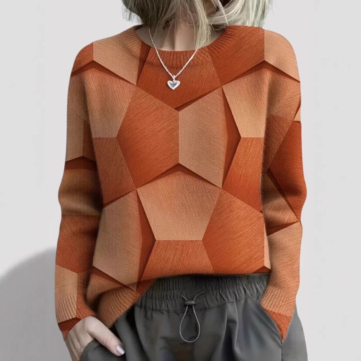 Geometric Pattern Sweater with 3D Facet Effect, Women's Jumper