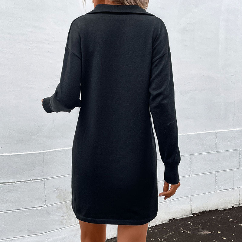 Black Quarter-Zip Sweater Dress with Collar, Knit Jumper Dress