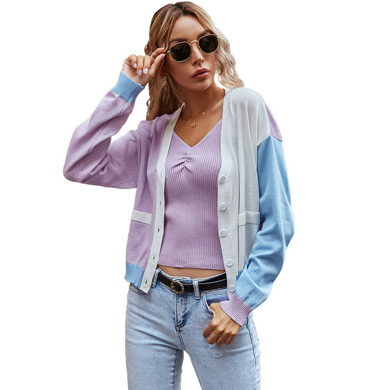 Color Block V-Neck Cardigan with Front Pockets, Lilac and Blue