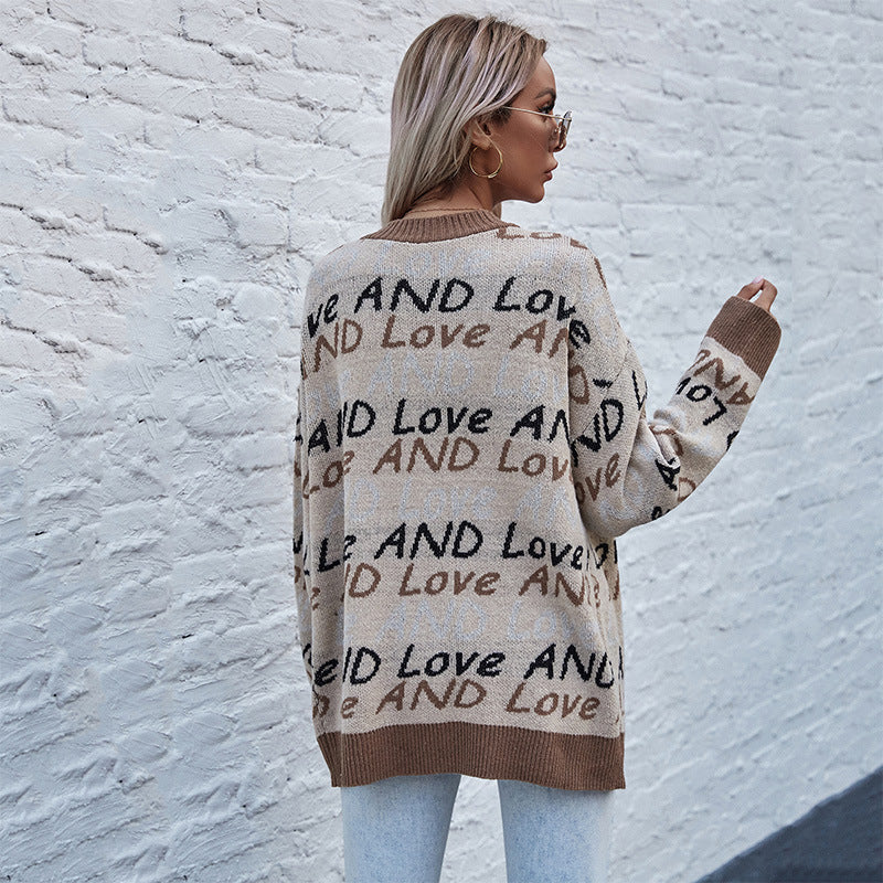 Khaki Lettering Knit Cardigan with V-Neck and Buttons, Relaxed Fit