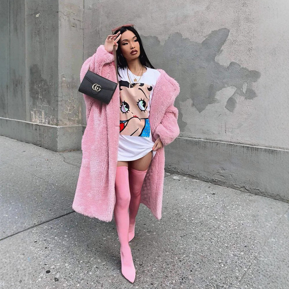 Oversized Teddy Coat with Notch Lapel, One-Button Longline Fleece