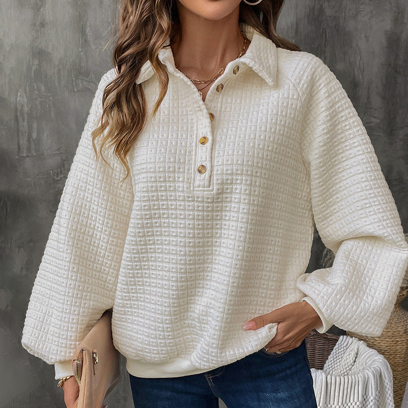 Collared Waffle Sweatshirt with Half Button Placket, Balloon Sleeves