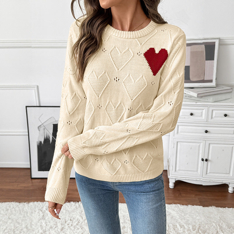 Apricot Heart Knit Sweater with Red Heart Motif, Women's Jumper