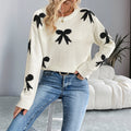 Off-White Bow Sweater with Black Jacquard Bows, Crew Neck Jumper