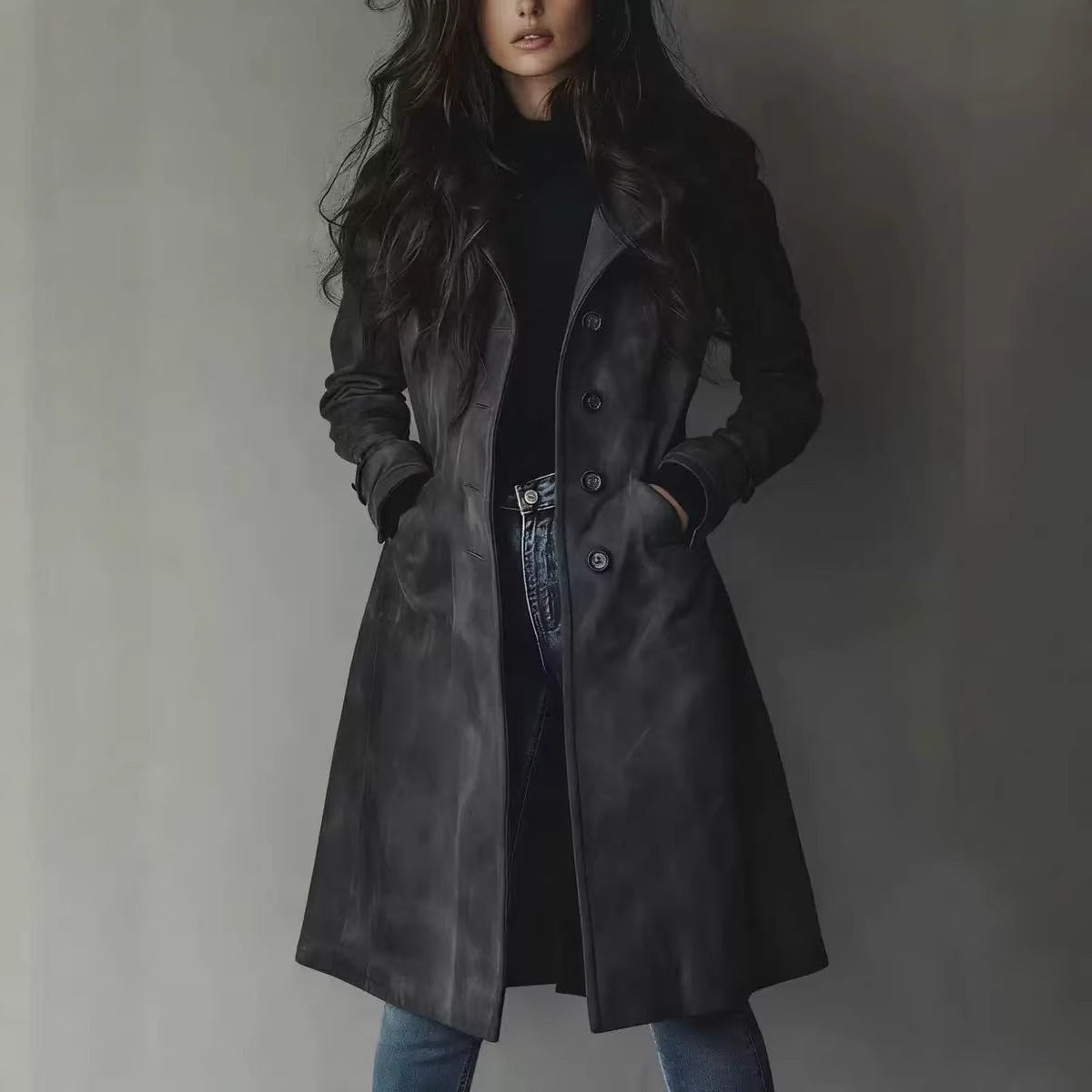 Suede-Effect Trench Coat for Women, Notch Lapel Single-Breasted