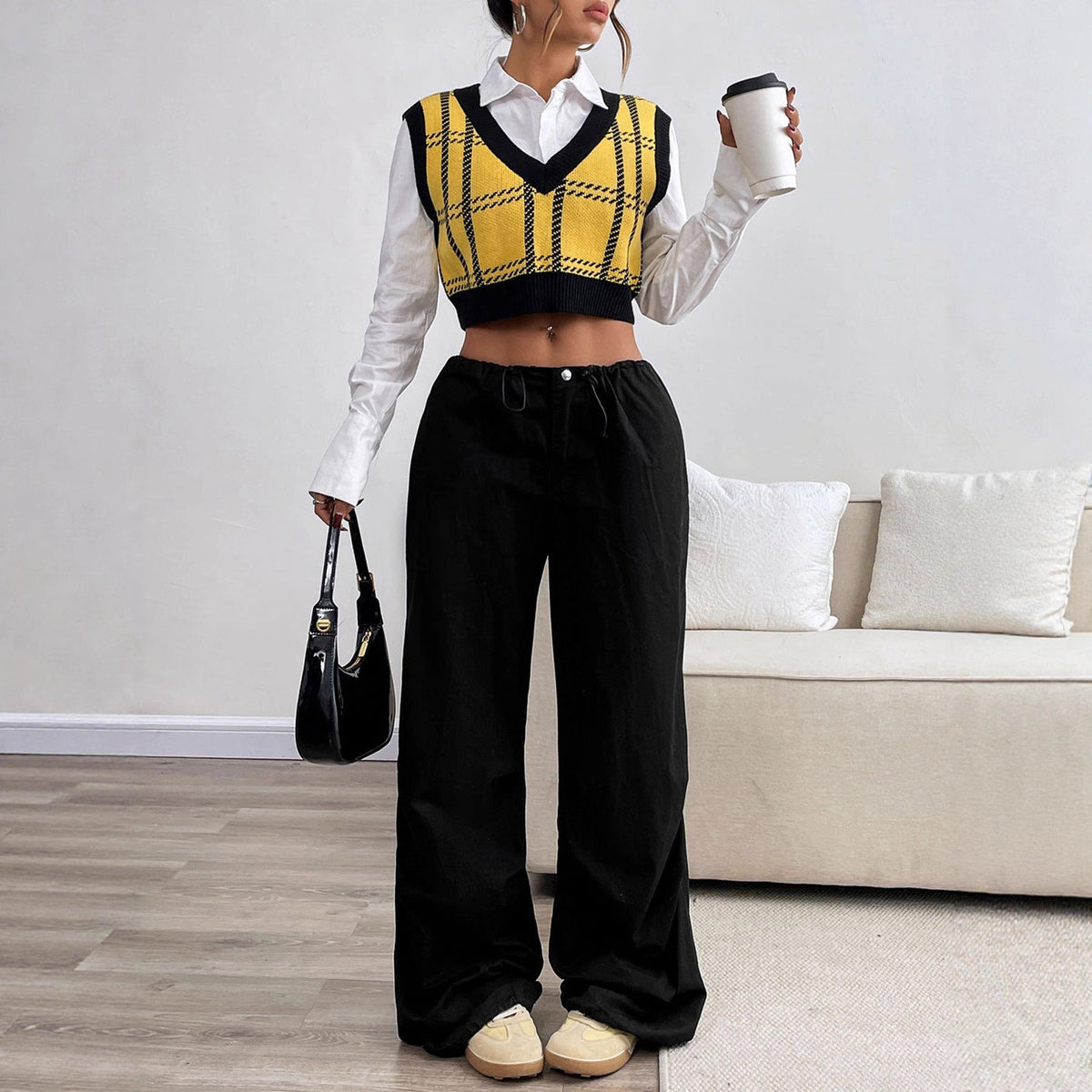 Plaid Sweater Vest with Black Ribbed V-Neck, Cropped Knit Tank Top