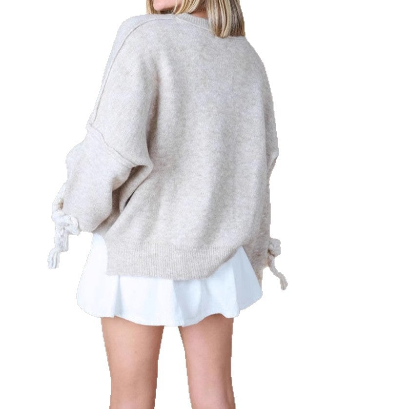 Braided Bow Knit Sweater with Tie Cuffs, Women's Jumper