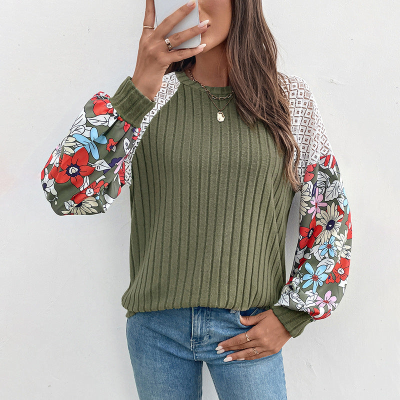 Ribbed Knit Top with Floral Sleeves and Lace Shoulders, Olive Green