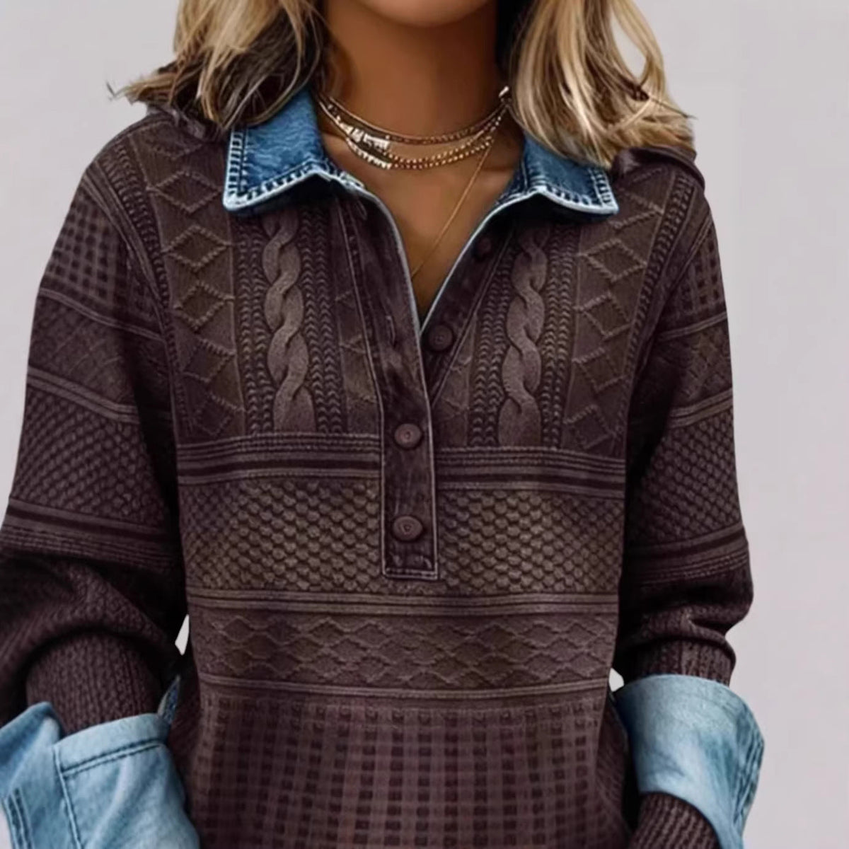 Knit-Look Half-Button Pullover with Denim-Look Collar and Cuffs