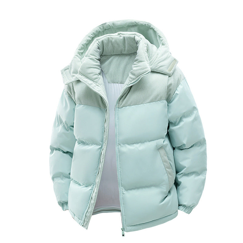 Padded Puffer Jacket With a Detachable Corduroy Hood and Yoke