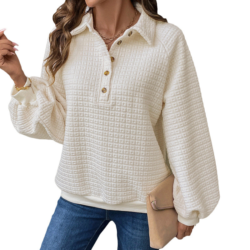Collared Waffle Sweatshirt with Half Button Placket, Balloon Sleeves