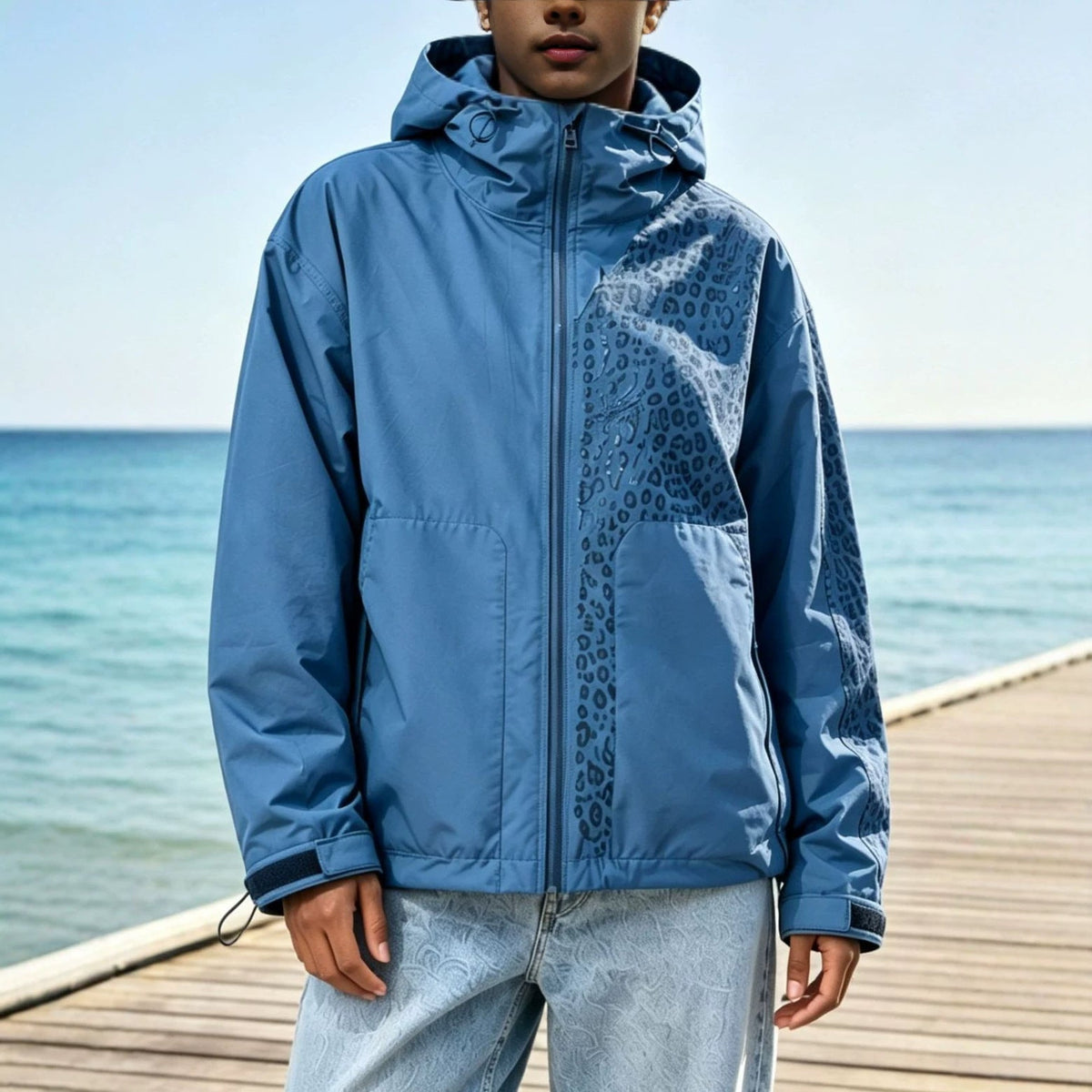 Men's Hooded Windbreaker Jacket with Leopard Print Panel, Zip Front