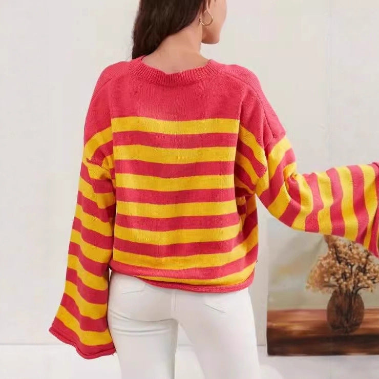 Striped Daisy Sweater with Bell Sleeves, Cropped Women's Jumper