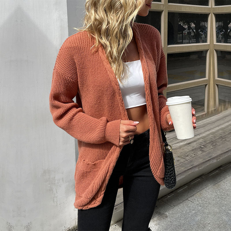 Brick Red Ribbed Cardigan with Pockets, Open Front, Longline Knit