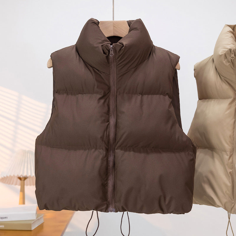 Cropped Puffer Vest with Stand Collar and Drawcord Hem, Women's Gilet