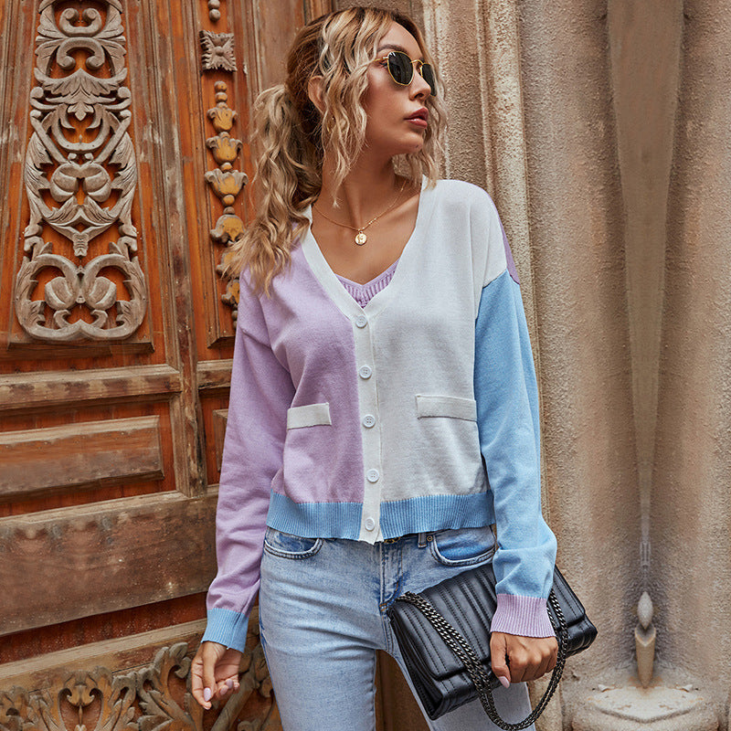 Color Block V-Neck Cardigan with Front Pockets, Lilac and Blue