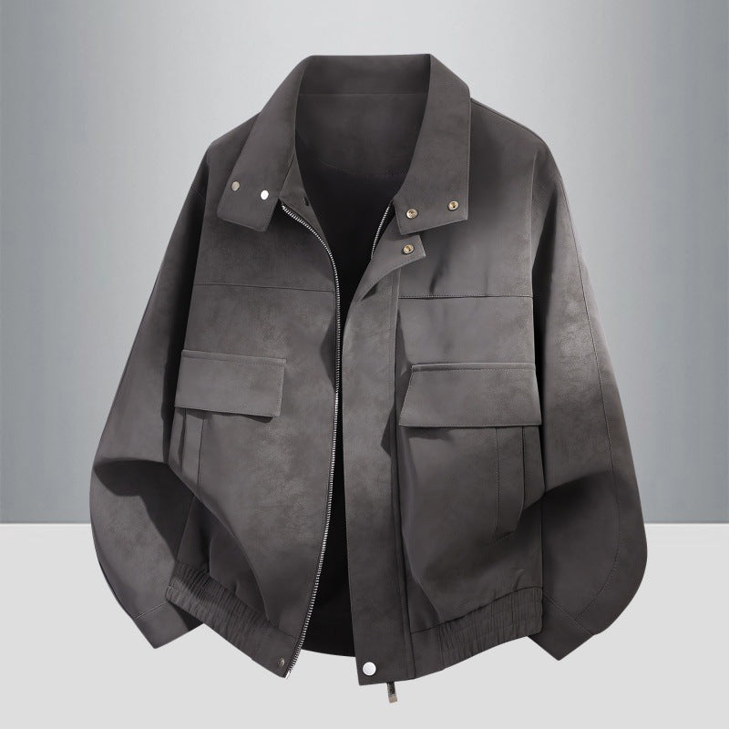 Oversized Suede-Look Jacket with Flap Pockets and Snap Collar