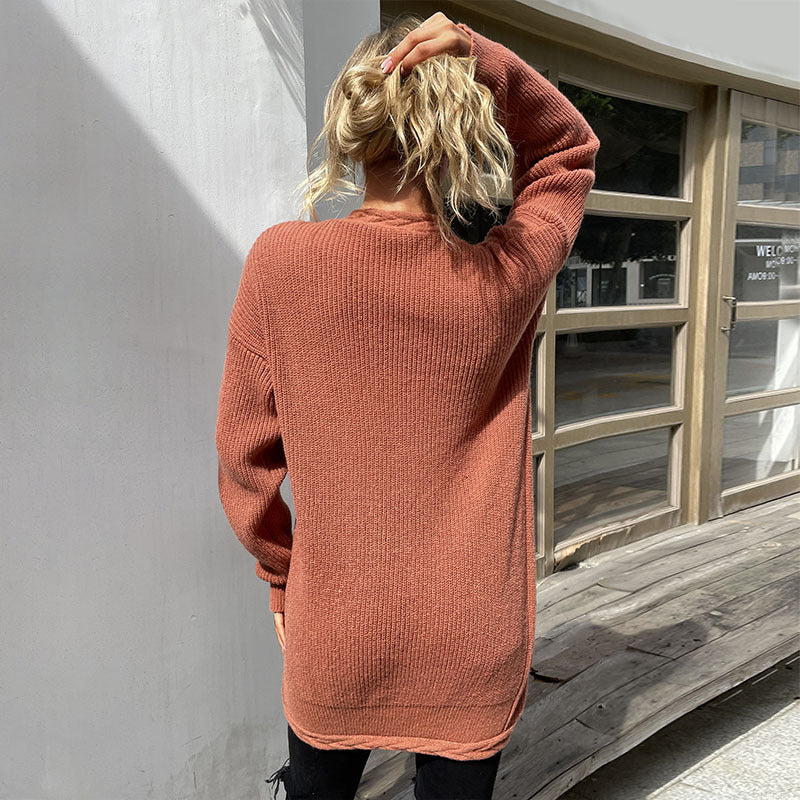 Brick Red Ribbed Cardigan with Pockets, Open Front, Longline Knit