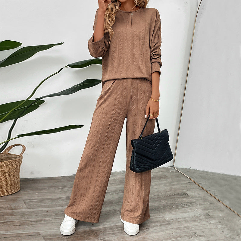 Knit Lounge Set with Henley Top and Wide-Leg Pants, Women's Trousers