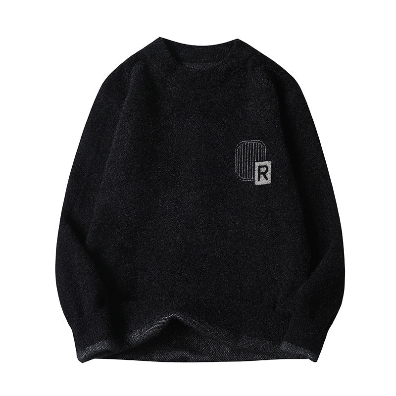 Fuzzy Knit Crew Neck Sweater with Chest Motif, Unisex Jumper