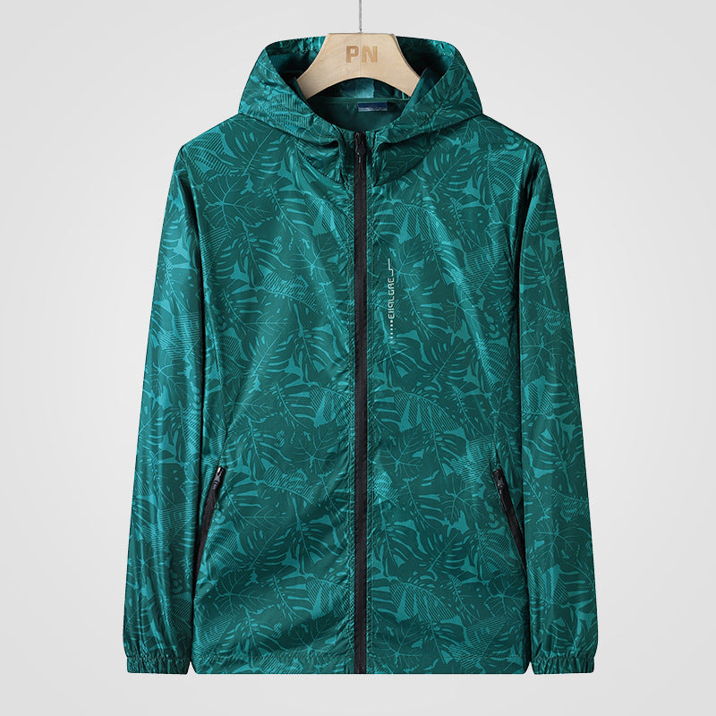 Lightweight Hooded Windbreaker With a Leaf Print, Unisex Cagoule