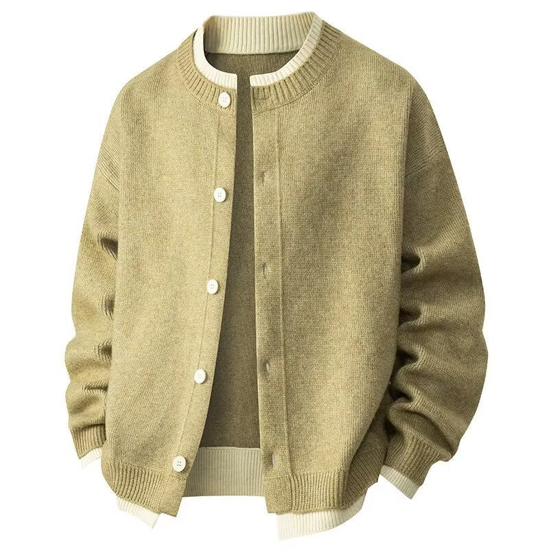 Men's Knit Cardigan with Contrast Rib Trim, Crew Neck Button-Up