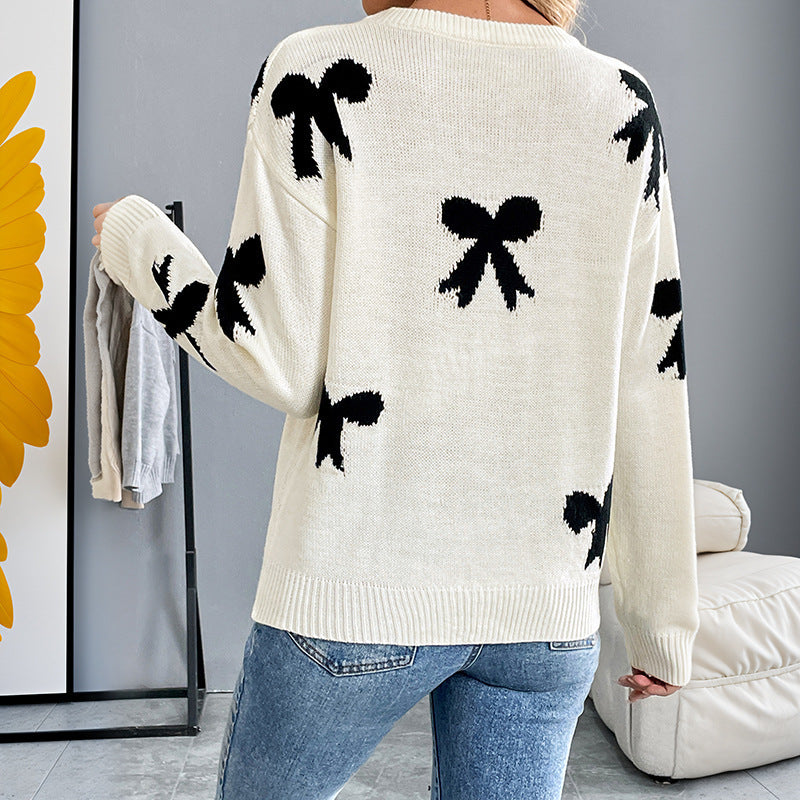 Off-White Bow Sweater with Black Jacquard Bows, Crew Neck Jumper
