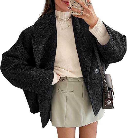 Cropped Shawl Collar Coat with Batwing Sleeves, Double-Breasted