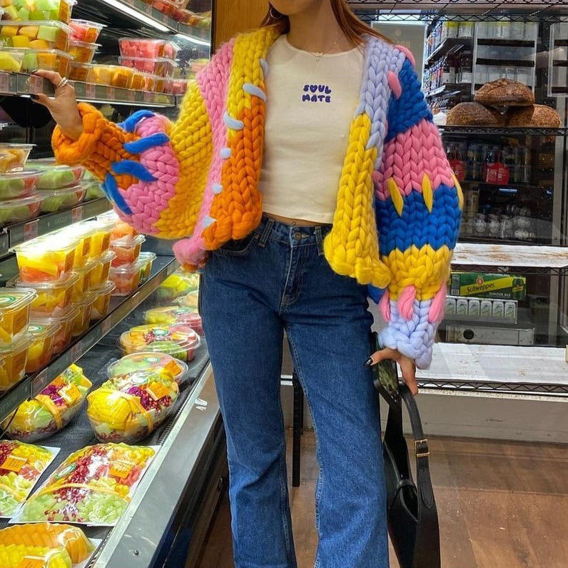 Chunky Knit Cardigan in Rainbow Colour Block, Cropped Balloon Sleeve