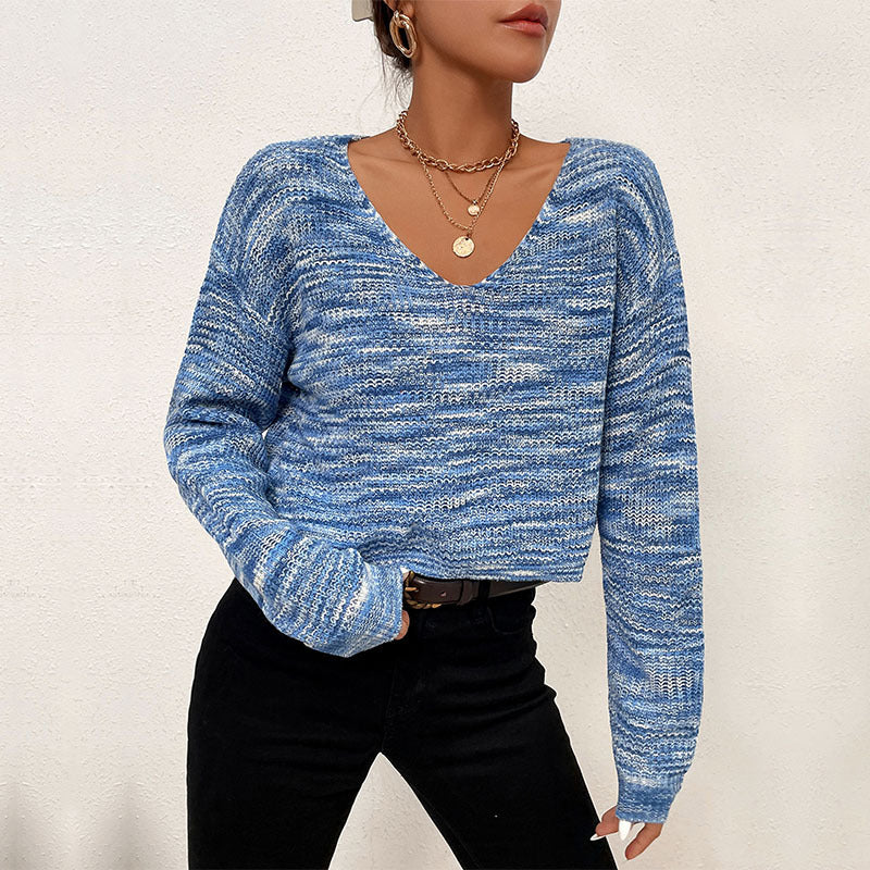 Blue Space-Dyed Cropped Sweater with Wide V-Neck, Loose Knit Jumper