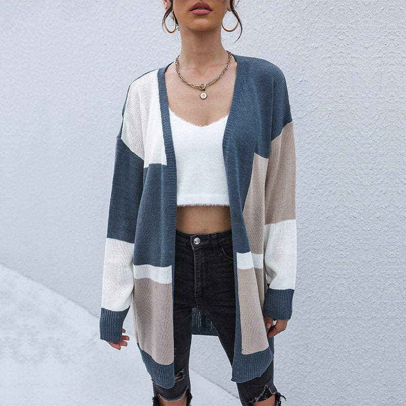 Color Block Open-Front Cardigan with Dropped Shoulders, Longline