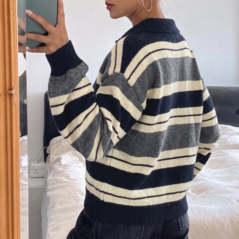 Striped Polo Collar Sweater with Button Placket, Relaxed Rugby Jumper