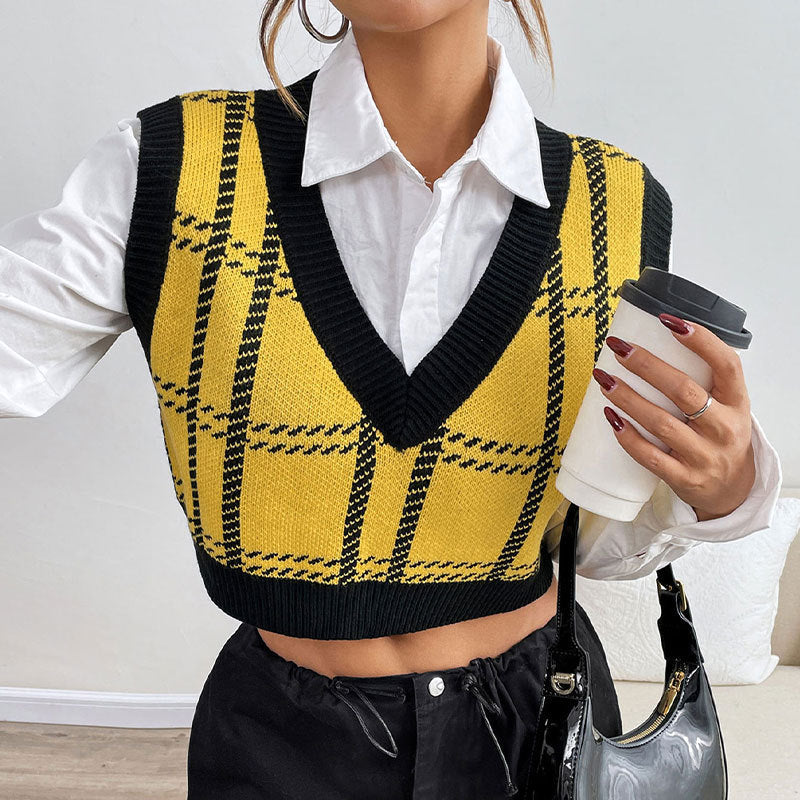 Plaid Sweater Vest with Black Ribbed V-Neck, Cropped Knit Tank Top