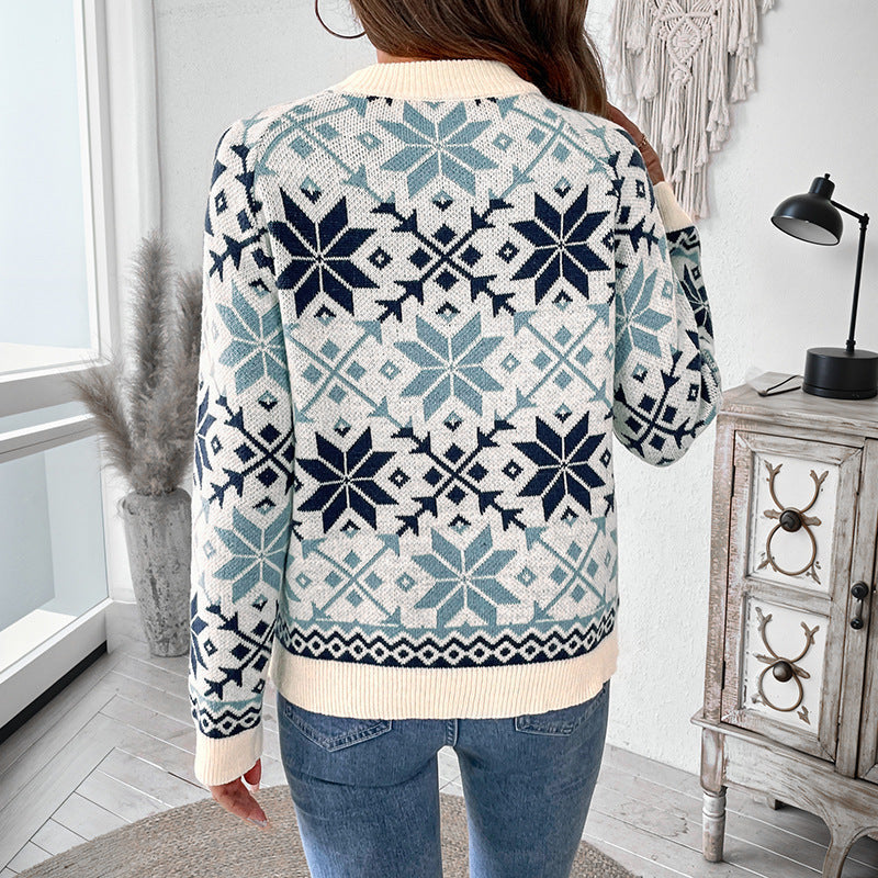 Nordic Snowflake Jacquard Sweater with Crew Neck, Women's Jumper