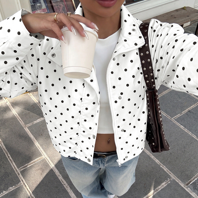 White Polka Dot Jacket with Zip Front and Snap Placket, Cropped