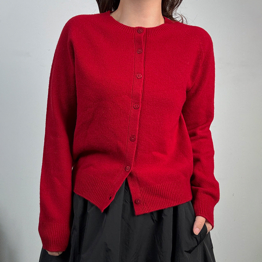 Red Fine Knit Cardigan with Crew Neck and Button Front, Raglan Sleeve