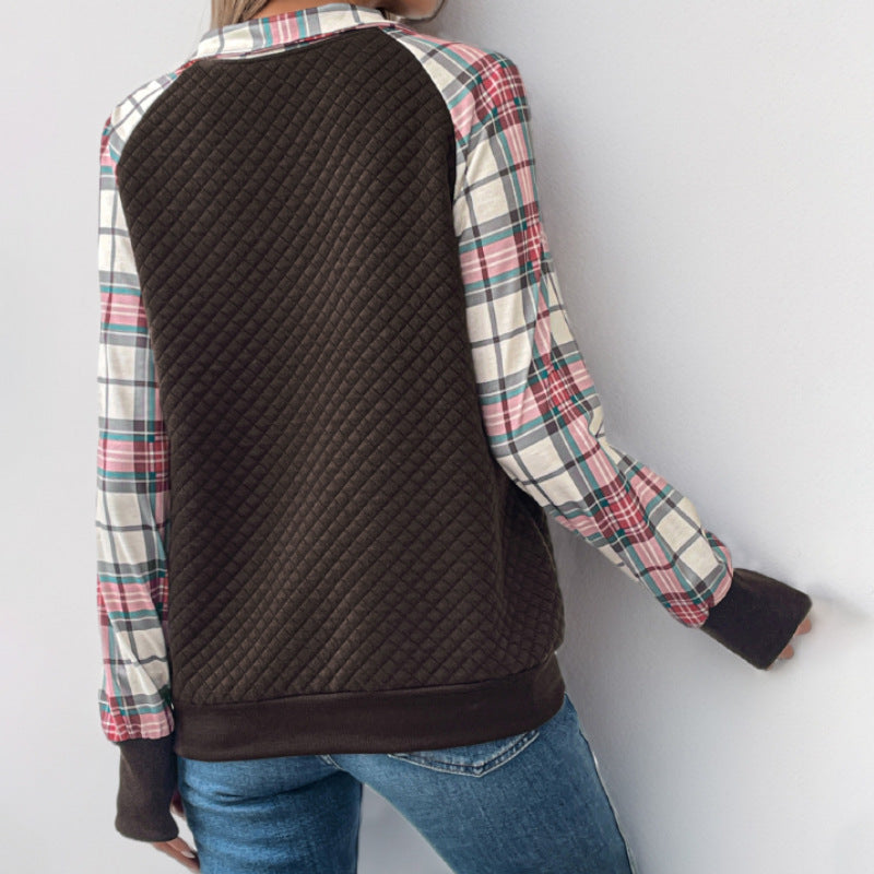 Quilted Quarter-Zip Sweatshirt with Plaid Sleeves and Stand Collar