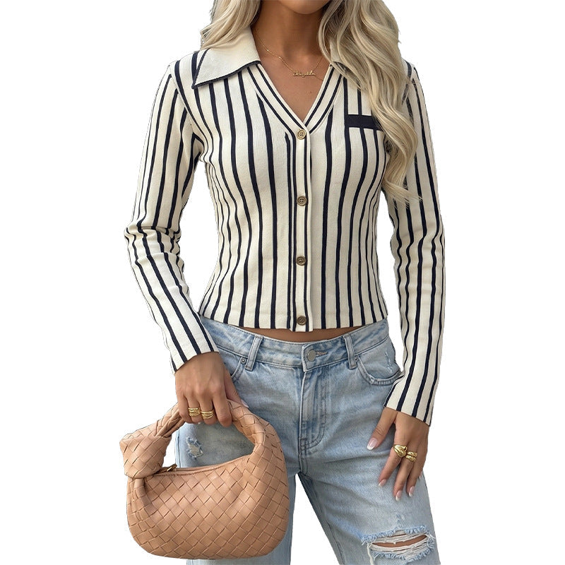 Striped Knit Cardigan with Shirt Collar and Buttons, Slim Cropped Fit