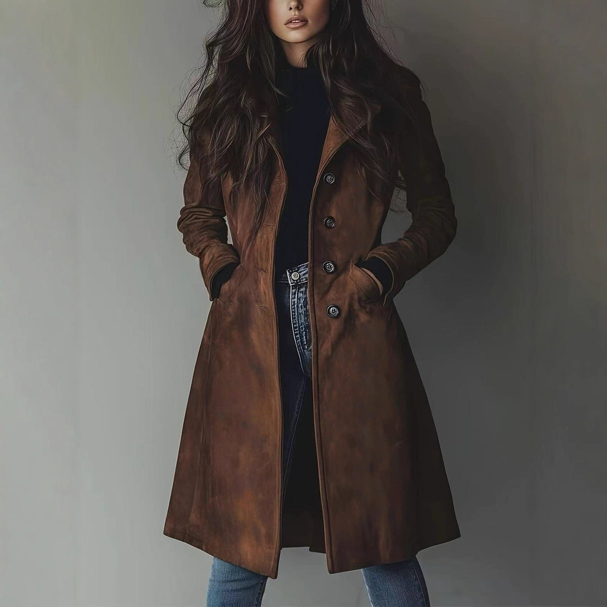 Suede-Effect Trench Coat for Women, Notch Lapel Single-Breasted